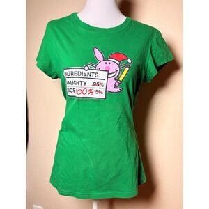 Y2K It's Happy Bunny Jim Benton Green Christmas Graphic Tee Shirt XL